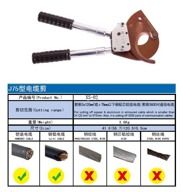 供应手动棘轮剪刀，75铠装电缆剪，手动齿轮式电缆剪刀